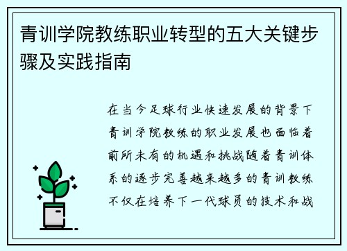 青训学院教练职业转型的五大关键步骤及实践指南 青训学院教练职业转型的五大关键步骤及实践指南
