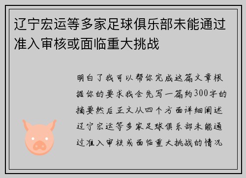 辽宁宏运等多家足球俱乐部未能通过准入审核或面临重大挑战