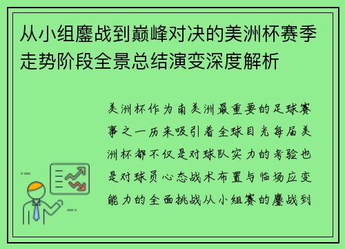 从小组鏖战到巅峰对决的美洲杯赛季走势阶段全景总结演变深度解析 从小组鏖战到巅峰对决的美洲杯赛季走势阶段全景总结演变深度解析